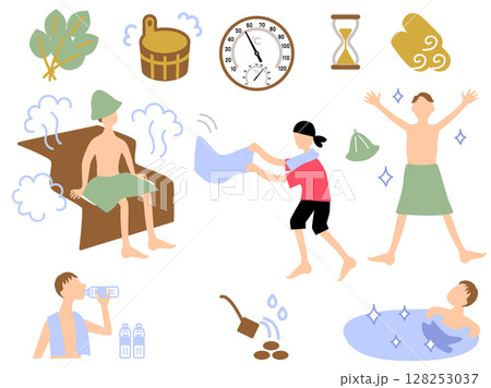 サウナ関連グッズと男性イラストセット 128253037