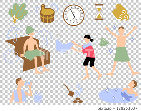サウナ関連グッズと男性イラストセット 128253037