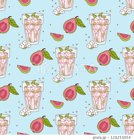 Seamless Pattern Guava Drink with ice cubes and Mint on blue Background with tropical Pink Fruit slices. Summer Refreshing Cocktail. Vector illustration Seamless Pattern Guava Drink with ice cubes and Mint on blue Background with tropical Pink Fruit slices. Summer Refreshing Cocktail. Vector illustration 128253054
