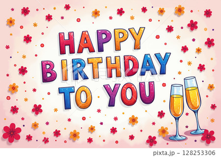 Vibrant birthday card with champagne glasses. 128253306