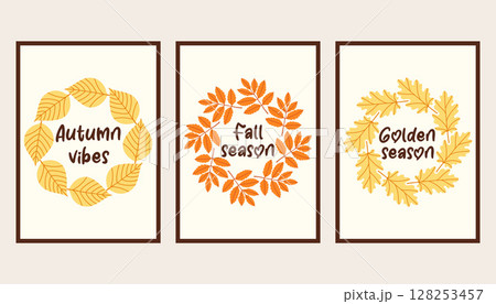 Autumn simple poster set. Fall flyer doodle set. Vectical banner autumn elements. Autumn interior design poster, end of season promo template. Vector illustration. Autumn simple poster set. Fall flyer doodle set. Vectical banner autumn elements. Autumn interior design poster, end of season promo template. Vector illustration. 128253457