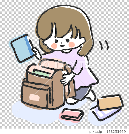 Illustration of a girl preparing her belongings in her school bag 128253469