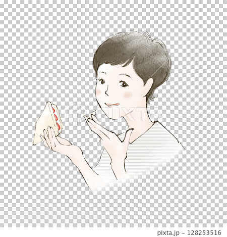 Woman eating fruit sandwich 128253516