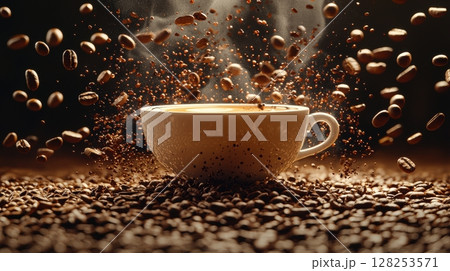 stylish cup of coffee hovers gracefully in midair, surrounded floating coffee beans and artistic steam, creating dreamlike, elegant atmosphere Perfect for coffee enthusiasts and creatives 128253571