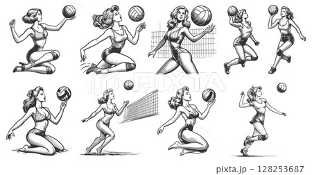 Pin-Up Women Playing Volleyball engraving vector Pin-Up Women Playing Volleyball engraving vector 128253687
