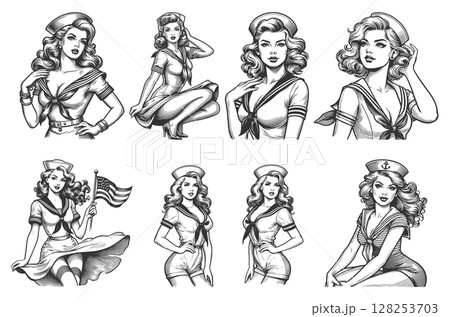 Pin-Up Sailor Girl engraving set vector collection Pin-Up Sailor Girl engraving set vector collection 128253703