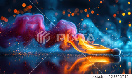 Close up of matchstick igniting, showcasing transformation of chemical energy into heat and light, surrounded mesmerizing swirling smoke and vibrant colors 128253710