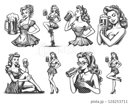 Pin-Up Girl Drinking Beer engraving set vector 128253711