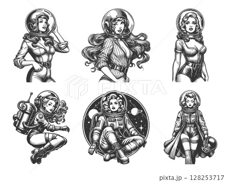 Pin-Up Female Astronaut set vector collection Pin-Up Female Astronaut set vector collection 128253717