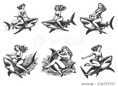 Pin-Up Girl Riding Shark set vector collection 128253727