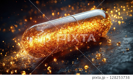 translucent vitamin capsule gradually melts into pool of shimmering gold, symbolizing absorption and essence of life scene conveys sense of luxury and vitality 128253738