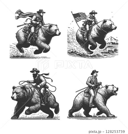 Cowboy Riding Bear engraving set vector collection Cowboy Riding Bear engraving set vector collection 128253739