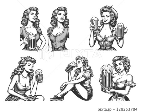 Pin-Up Girl Drinking Beer engraving set vector Pin-Up Girl Drinking Beer engraving set vector 128253784