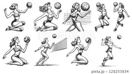 Pin-Up Women Playing Volleyball engraving raster 128253834