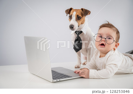 Cute baby boy and Jack Russell terrier dog working on a laptop. Cute baby boy and Jack Russell terrier dog working on a laptop. 128253846