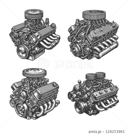 Vintage car Engine engraving set raster collection Vintage car Engine engraving set raster collection 128253861