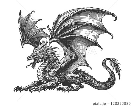 Dragon engraving sketch raster illustration 128253889