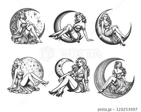Pin-Up Girl Sitting on Crescent Moon set raster 128253897