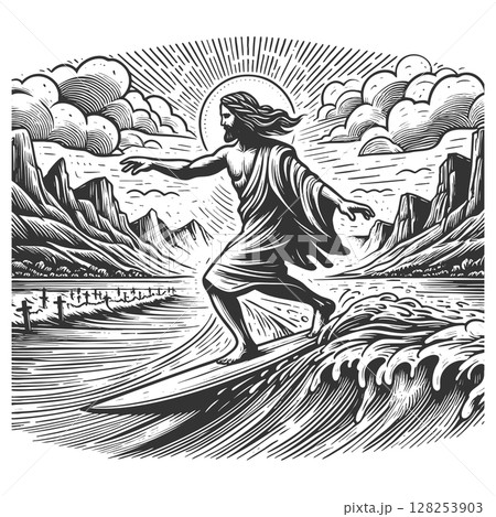 Jesus Surfing Waves engraving raster illustration 128253903