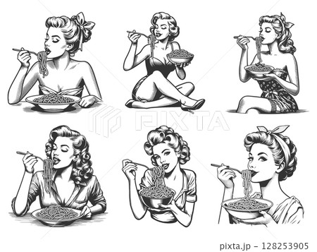 Pin-Up Women Eating Spaghetti engraving set raster Pin-Up Women Eating Spaghetti engraving set raster 128253905
