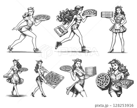 Pin-Up Girl Delivering Pizza engraving set raster Pin-Up Girl Delivering Pizza engraving set raster 128253916