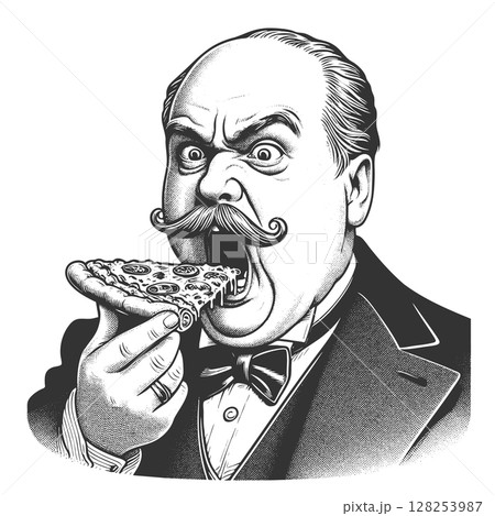 Vintage Man with Mustache Eating Pizza Slice Vintage Man with Mustache Eating Pizza Slice 128253987