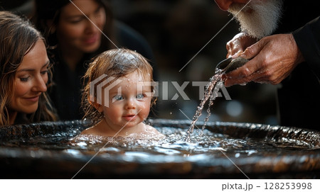 priest gently pours holy water over infant's forehead in ornate baptismal font as family and godparents surround sacred moment solemn expressions 128253998