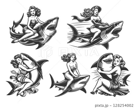 Pin-Up Girl Riding Shark set raster collection 128254002