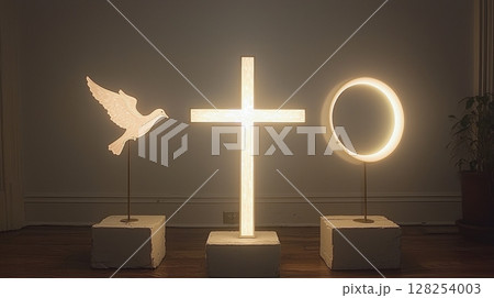 Three symbolic elements depict Trinity radiant cross for Jesus, luminous circle for God Father, and softly glowing dove silhouette for Holy Spirit, creating serene atmosphere 128254003