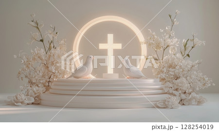 Three symbolic elements form minimalist representation of Trinity against pure white background 128254019
