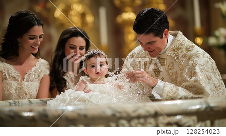 During sacred baptism ceremony, priest gently pours holy water over infant's forehead as family members and godparents watch solemn expressions, showcasing love and tradition 128254023