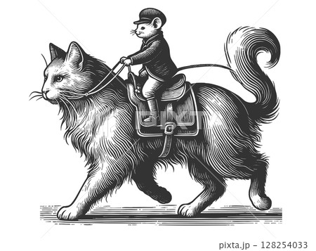 Mouse Riding a Cat engraving raster illustrationのイラスト素材 [128254033] - PIXTA
