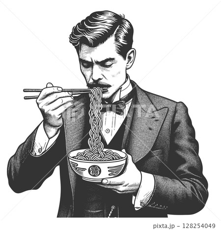 Gentleman Slurping Noodles Dramatically vector Gentleman Slurping Noodles Dramatically vector 128254049
