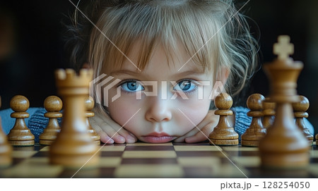 young child sits before chessboard, concentrating intently on their next move Their fingers rest on piece as they display focus and strategy in educational experience young child sits before chessboard, concentrating intently on their next move Their fingers rest on piece as they display focus and strategy in educational experience 128254050