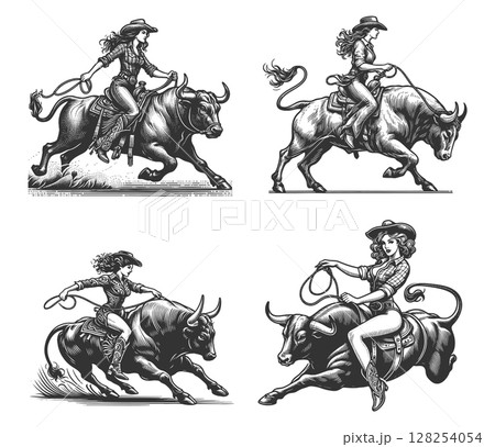 Cowgirl Riding Bull in Rodeo set raster collection 128254054