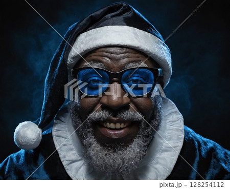 Portrait of stylish afro american santa claus wearing blue glasses. Portrait of stylish afro american santa claus wearing blue glasses. 128254112
