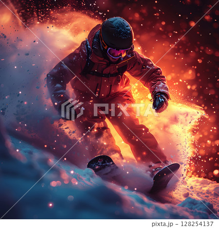 A skier soaring through a colored cloud of powder in the world of sports. AI generated.  128254137