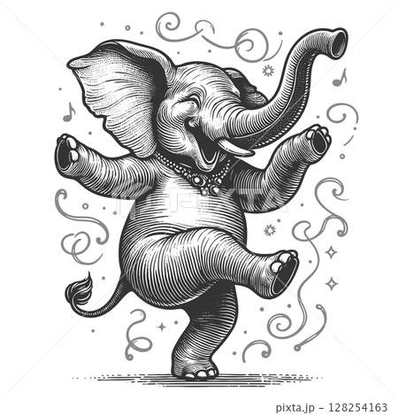 Dancing Elephant engraving raster illustration 128254163