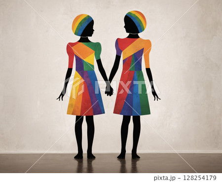 Image of two girls holding hands. Artificial intelligence.  128254179