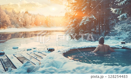 A woman bathes in a wooden tub in winter.  128254483