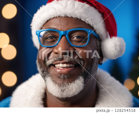 Portrait of stylish afro american santa claus on blue background. Portrait of stylish afro american santa claus on blue background. 128254518