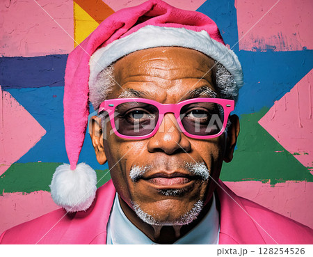 Portrait of stylish afro american santa claus with rainbow flag.  128254526