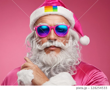 Portrait of stylish santa claus with rainbow flag.  128254533