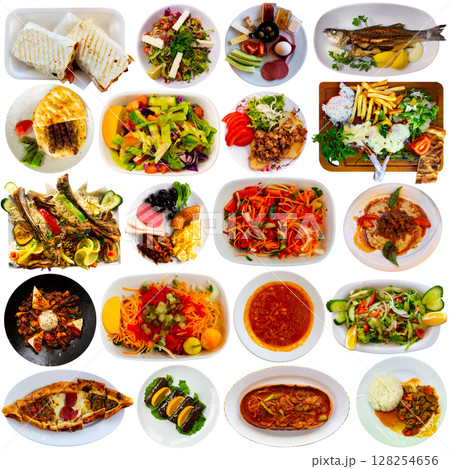Various traditional Turkish dishes isolated on white background Various traditional Turkish dishes isolated on white background 128254656