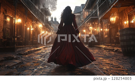 striking witch draped in deep crimson cloak walks confidently down cobblestone streets of New Orleans Lanterns flicker ominously in thick, mysterious air twilight 128254803