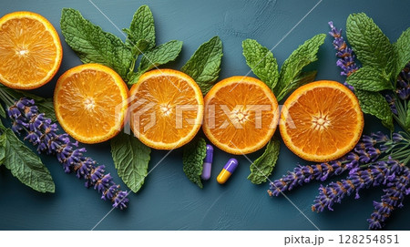 Vitamin capsules gracefully hover between vibrant slices of oranges, fresh mint leaves, and aromatic lavender sprigs, creating refreshing celebration of health and nature 128254851
