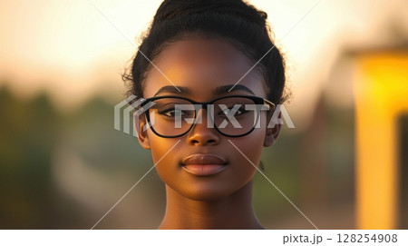 fashionable young woman stands confidently in front of soft golden backdrop, wearing transparent sculpted glasses asymmetrical edges enhance her modern look 128254908