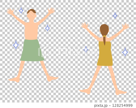 一組男女用浴巾裹住身體並歡呼的插圖 128254999
