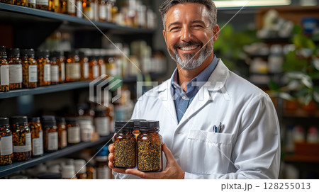 Pharmacist wearing white coat is blending herbal extracts into glass bottle in calm, nature infused pharmacy filled herbal products and plants 128255013