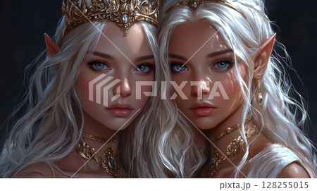 Tall and graceful elf queen stands in regal pose, adorned flowing white robe featuring golden embroidery and intricate silver crown, capturing magical essence 128255015